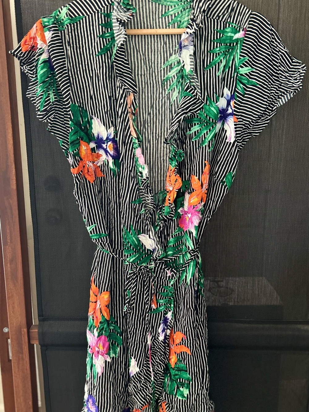 Striped Floral Wrap Midi Dress in Black and Green